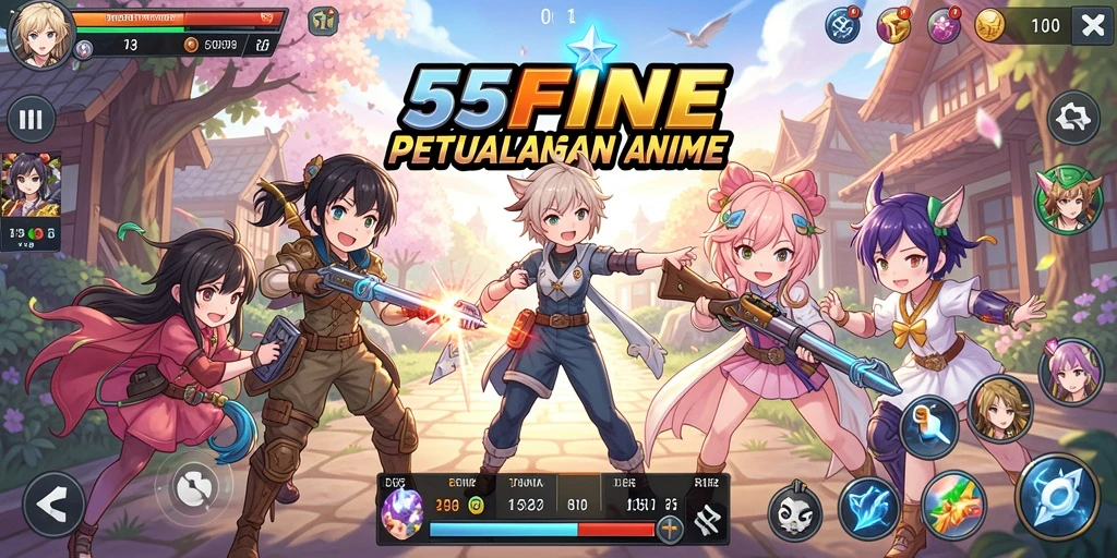 Tampilan gameplay <strong>55FIVE</strong> dengan karakter anime yang menarik.