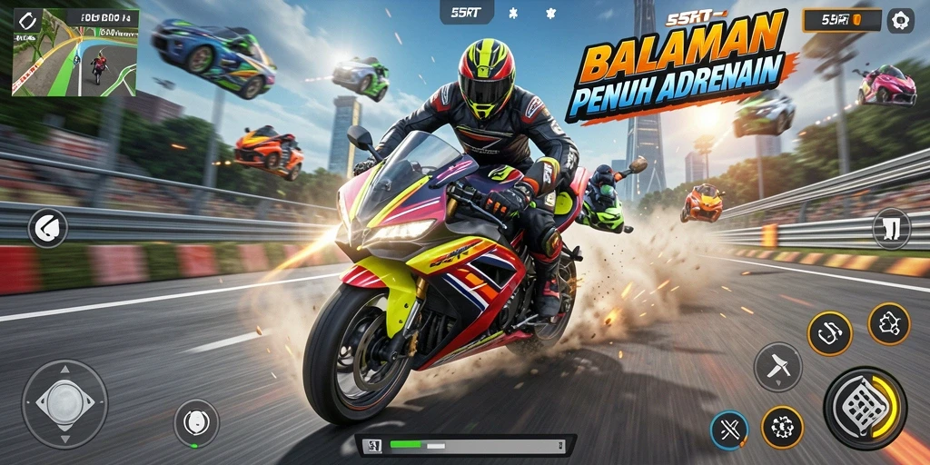 Tampilan gameplay balapan motor yang mendebarkan di 55RT.
