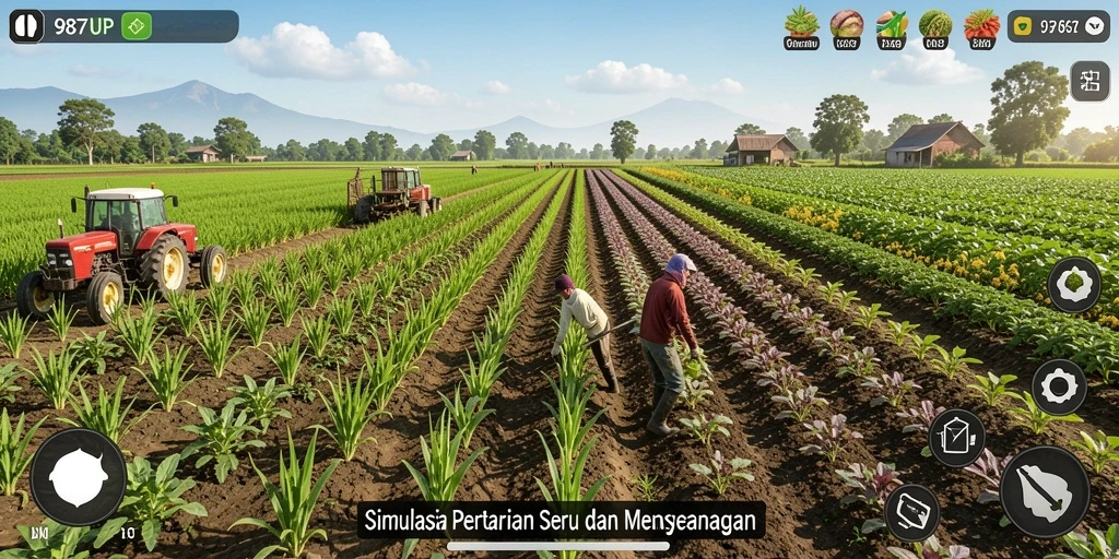 Screenshot gameplay 987UP menunjukkan aktivitas berkebun yang menyenangkan.
