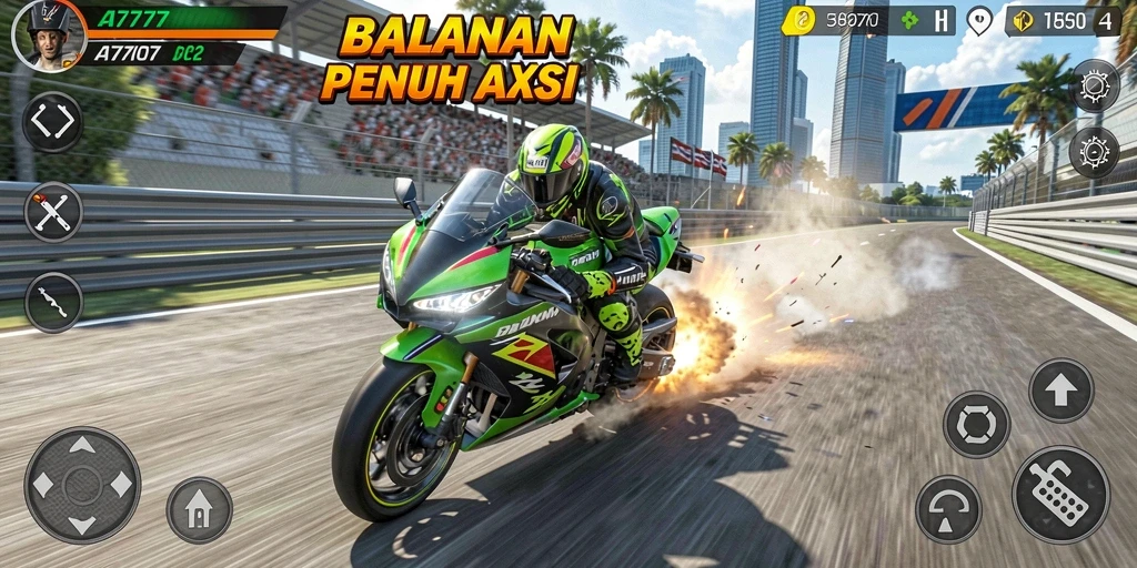 Menampilkan gameplay balapan motor yang penuh aksi dan menegangkan.
