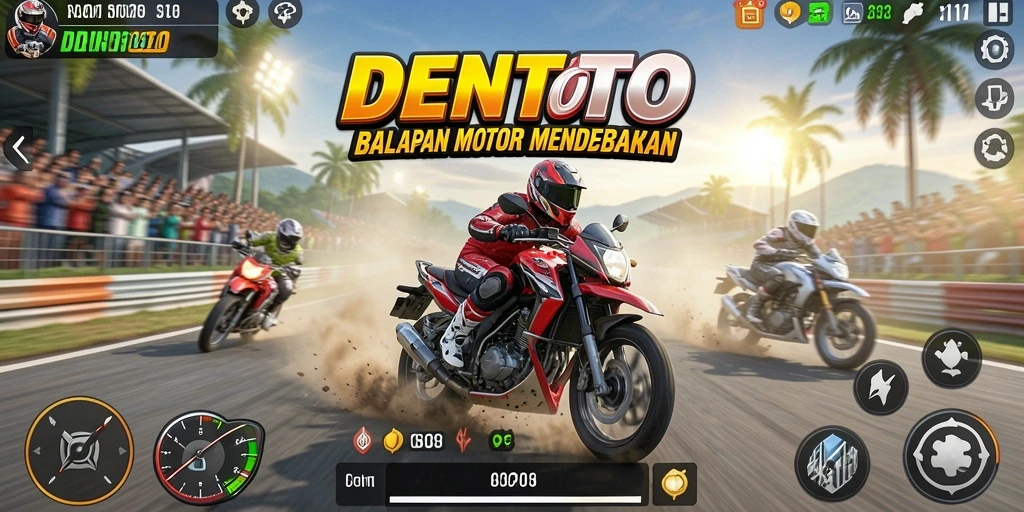 Gameplay DENTOTO dengan balapan motor yang mendebarkan.