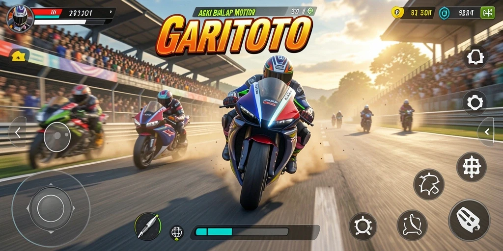 Screenshot gameplay GARITOTO yang menampilkan balapan motor yang mendebarkan.