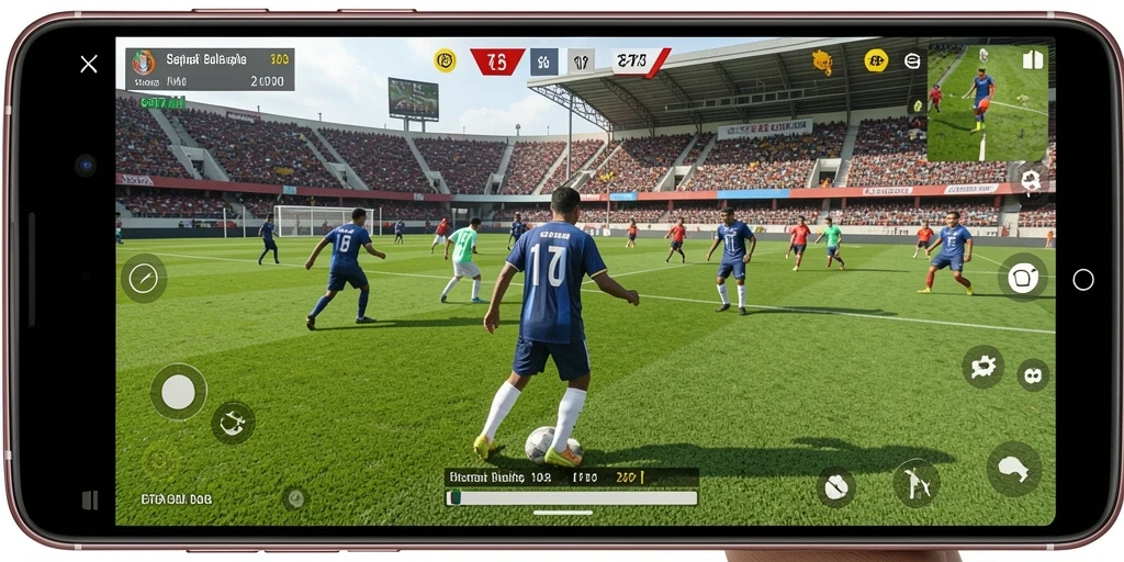 Tangkapan layar gameplay GT777 menampilkan aksi sepak bola penuh semangat.