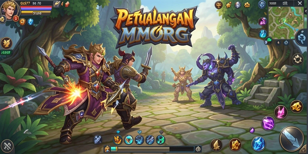 Screenshot gameplay GUS77 yang memperlihatkan pertarungan epik di dunia MMORPG.