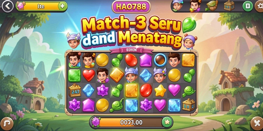 Gameplay HAO788 menampilkan aksi mencocokkan tiga item berwarna.