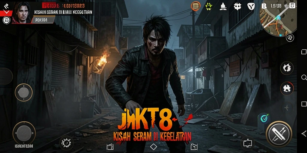 Tampilan gameplay mencekam di JKT8 dengan suasana gelap.