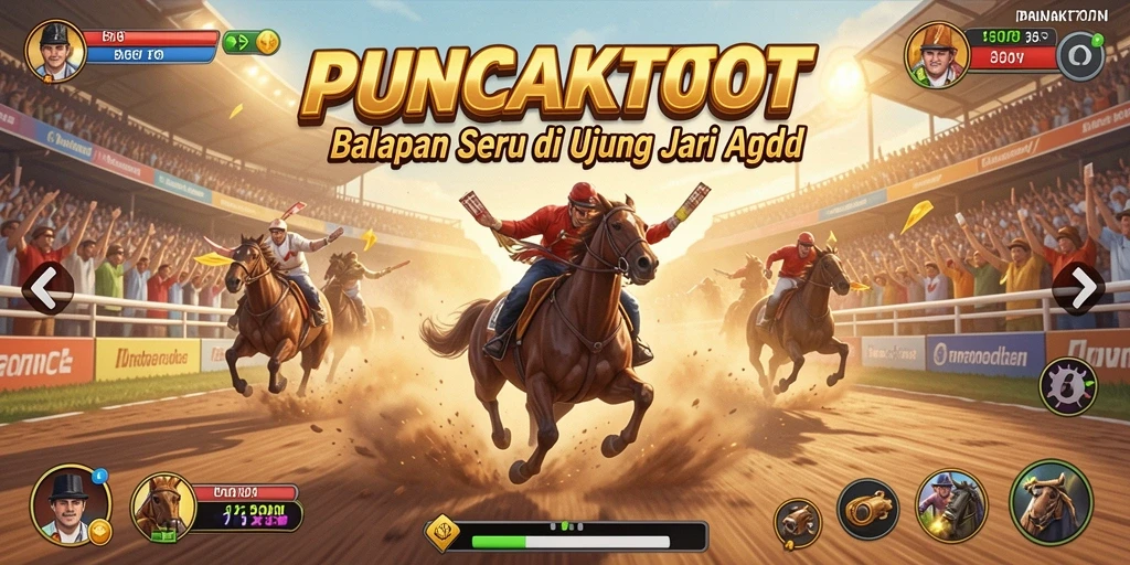 Screenshot PUNCAKTOTO menampilkan aksi balapan mendebarkan dan kendaraan yang bertenaga.