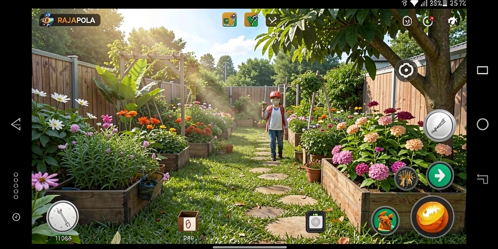 Tampilan menarik dari gameplay RAJAPOLA saat bertani di lahan yang luas.