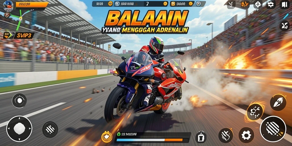 Gameplay seru SVIP3 dengan balapan motor yang menegangkan.